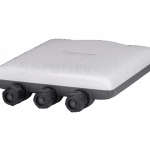 A Fortinet 234G Wi-Fi access point with a square design and on the top with three antennas.