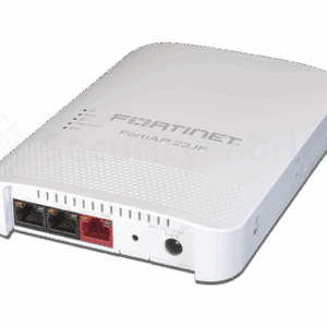 A Fortinet 23JF Wi-Fi access point with a square design and indicator lights on the top and three ethernet ports.