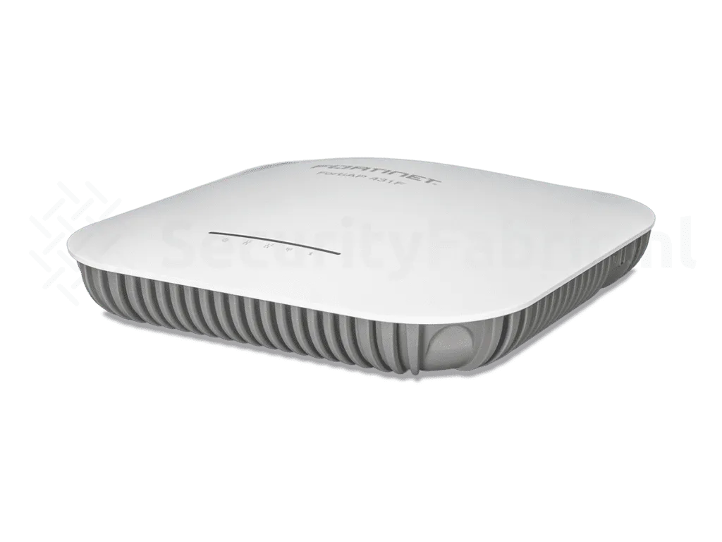 A Fortinet 431F Wi-Fi access point with a domed design and indicator lights on the top.