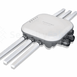 A Fortinet 432F outdoor Wi-Fi access point with a square design and indicator lights on the top and 6 external antennas.