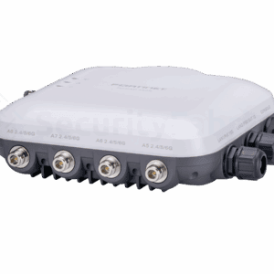 A Fortinet 432G Wi-Fi access point with a square design and indicator lights on the top with external antennas.