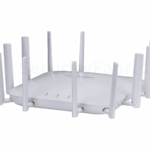 A Fortinet 443K Wi-Fi access point with a domed design and indicator lights on the top with eleven external antennas.