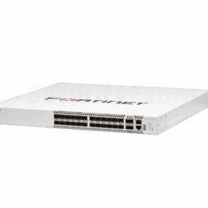 Een Fortinet 1024E-netwerkswitch met meerdere SFP+- en QSFP-poorten