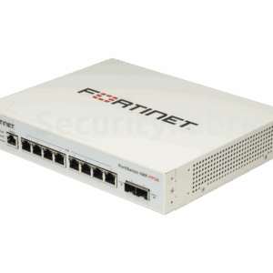 Een Fortinet 108F-FPOE-netwerkswitch met meerdere ethernet- en SFP+ poorten