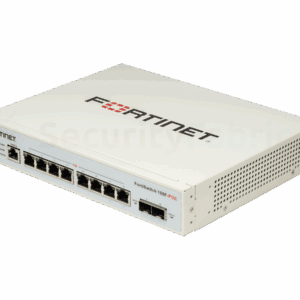 Een Fortinet 108F-POE-netwerkswitch met meerdere ethernet- en SFP+ poorten