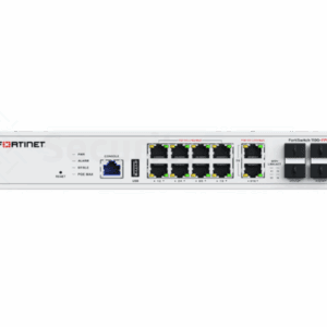 Een Fortinet 110G-FPOE-netwerkswitch met meerdere ethernet- en SFP+ poorten