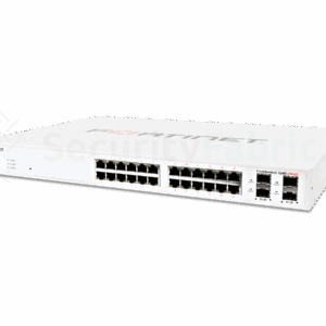 Een Fortinet 124E-POE--netwerkswitch met meerdere ethernet- en SFP poorten