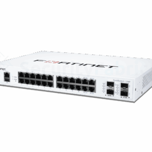 Een Fortinet 124F-netwerkswitch met meerdere ethernet- en SFP+ poorten