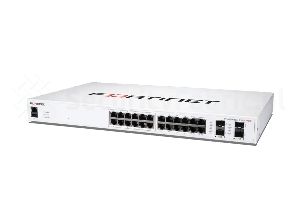 Een Fortinet 124F-POE--netwerkswitch met meerdere ethernet- en SFP+ poorten