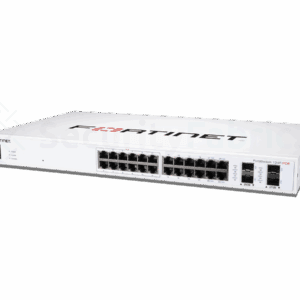 Een Fortinet 124F-POE--netwerkswitch met meerdere ethernet- en SFP+ poorten