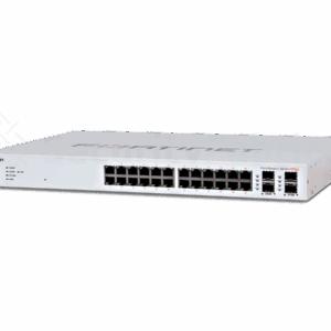 Een Fortinet 224D-FPOE-netwerkswitch met meerdere ethernet- en SFP poorten