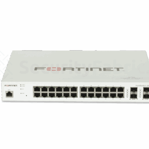 Een Fortinet 224E-netwerkswitch met meerdere ethernet- en SFP+ poorten