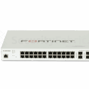 Een Fortinet 224E-POE-netwerkswitch met meerdere ethernet- en SFP+ poorten