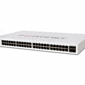 Een Fortinet 248D-netwerkswitch met meerdere ethernet- en SFP+ poorten