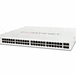 Een Fortinet 248E-POE-netwerkswitch met meerdere ethernet- en SFP+ poorten
