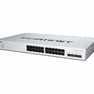 Een Fortinet 424E-netwerkswitch met meerdere ethernet- en SFP+ poorten