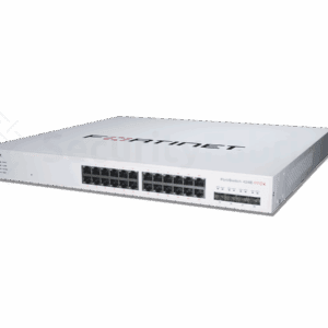 Een Fortinet 424E-FPOE-netwerkswitch met meerdere ethernet- en SFP+ poorten