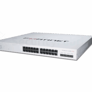 Een Fortinet 424E-POE-netwerkswitch met meerdere ethernet- en SFP+ poorten