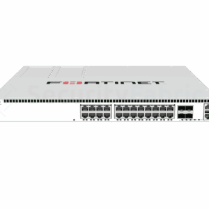 Een Fortinet 648F-netwerkswitch met meerdere ethernet- en SFP28-poorten