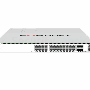 Een Fortinet 624F-FPOE-netwerkswitch met meerdere ethernet- en SFP28-poorten