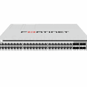 Een Fortinet 648F-FPOE-netwerkswitch met meerdere ethernet- en SFP28-poorten