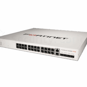 Een Fortinet M426-FPOE-netwerkswitch met meerdere Ethernet-poorten en glasvezelverbindingen