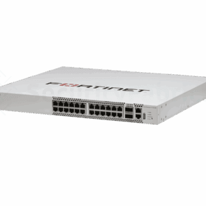 Een Fortinet T1024E-netwerkswitch met meerdere Ethernet-poorten.