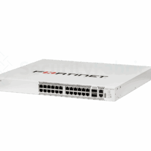 Een Fortinet T1024F-FPOE-netwerkswitch met meerdere Ethernet-poorten.