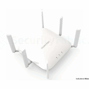 Bovenaanzicht van een witte FortiAP 243K WiFi 7 met zes antennes