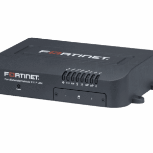 Een Fortinet FortiExtender Vehicle 211F-AM-apparaat, bedoeld voor netwerkverbinding in voertuigen, voorzien van meerdere indicatielampjes en een resetknop.