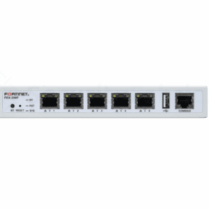 Een Fortinet FEX-200F-netwerkapparaat met meerdere ethernetpoorten, een consolepoort en indicatielampjes.