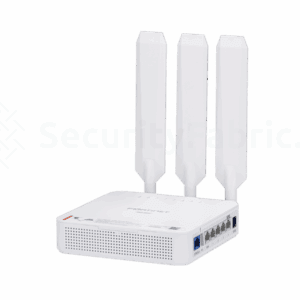 Een witte FortiExtender LTE-router met drie antennes, met artikelnummer FEX-201F-EA