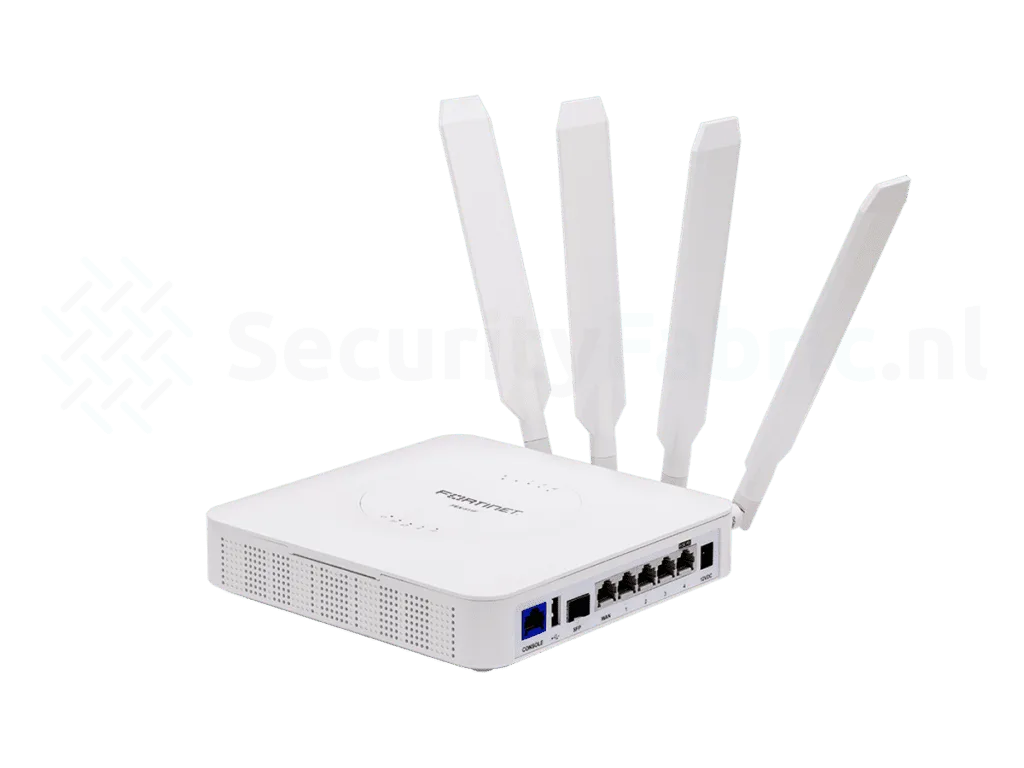 Een witte draadloze LTE-modem met vier antennes en meerdere ethernetpoorten met sku fex-511f