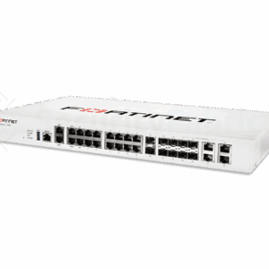 Een Fortinet FortiGate 100F netwerkbeveiligingsapparaat met meerdere Ethernet-poorten en USB-aansluitingen.