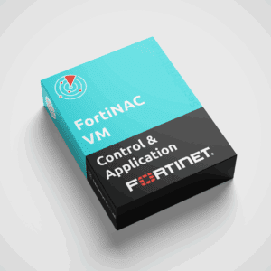 Een doos van Fortinet met het opschrift “FortiNAC Control and Application Extended-VM”, uitgevoerd in blauw en zwart en voorzien van een productnummer.