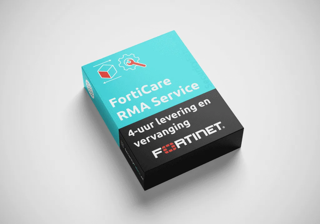 Een doos van Fortinet met het opschrift “RMA 4-uur levering en vervanging op locatie”, uitgevoerd in blauw en zwart en voorzien van een productnummer.