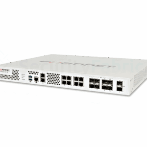 Een Fortinet FortiGate 601E netwerkbeveiligingsapparaat met meerdere Ethernet-poorten en USB-aansluitingen.