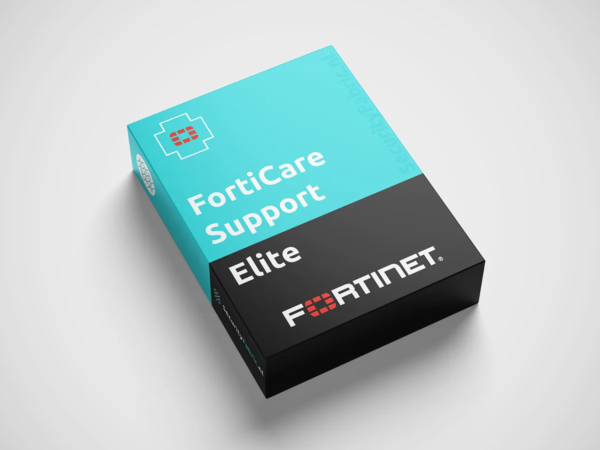 Een doos van Fortinet met het opschrift “FortiCare Elite Support”, uitgevoerd in blauw en zwart en voorzien van een productnummer.