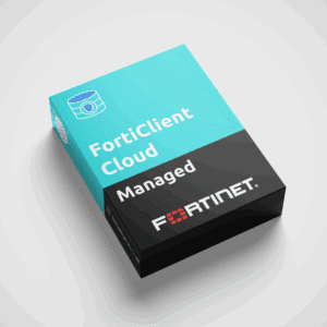 Een doos van Fortinet met het opschrift “FortiClient Managed Subscription”, uitgevoerd in blauw en zwart en voorzien van een productnummer.