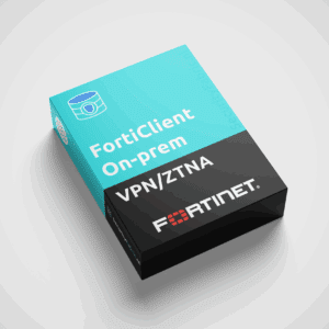 Een doos van Fortinet met het opschrift “FortiClient VPN-ZTNA On-Prem”, uitgevoerd in blauw en zwart en voorzien van een productnummer.