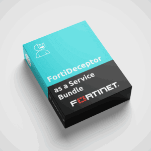 Een doos van Fortinet met het opschrift “FortiDeceptor as a Service Premium Bundle”, uitgevoerd in blauw en zwart en voorzien van een productnummer.