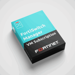 Een doos van Fortinet met het opschrift “FortiSwitchManager Subscription”, uitgevoerd in blauw en zwart en voorzien van een productnummer.