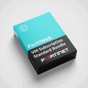 Een doos van Fortinet met het opschrift “FortiWeb VM Subscription with Standard Bundle”, uitgevoerd in blauw en zwart en voorzien van een productnummer.