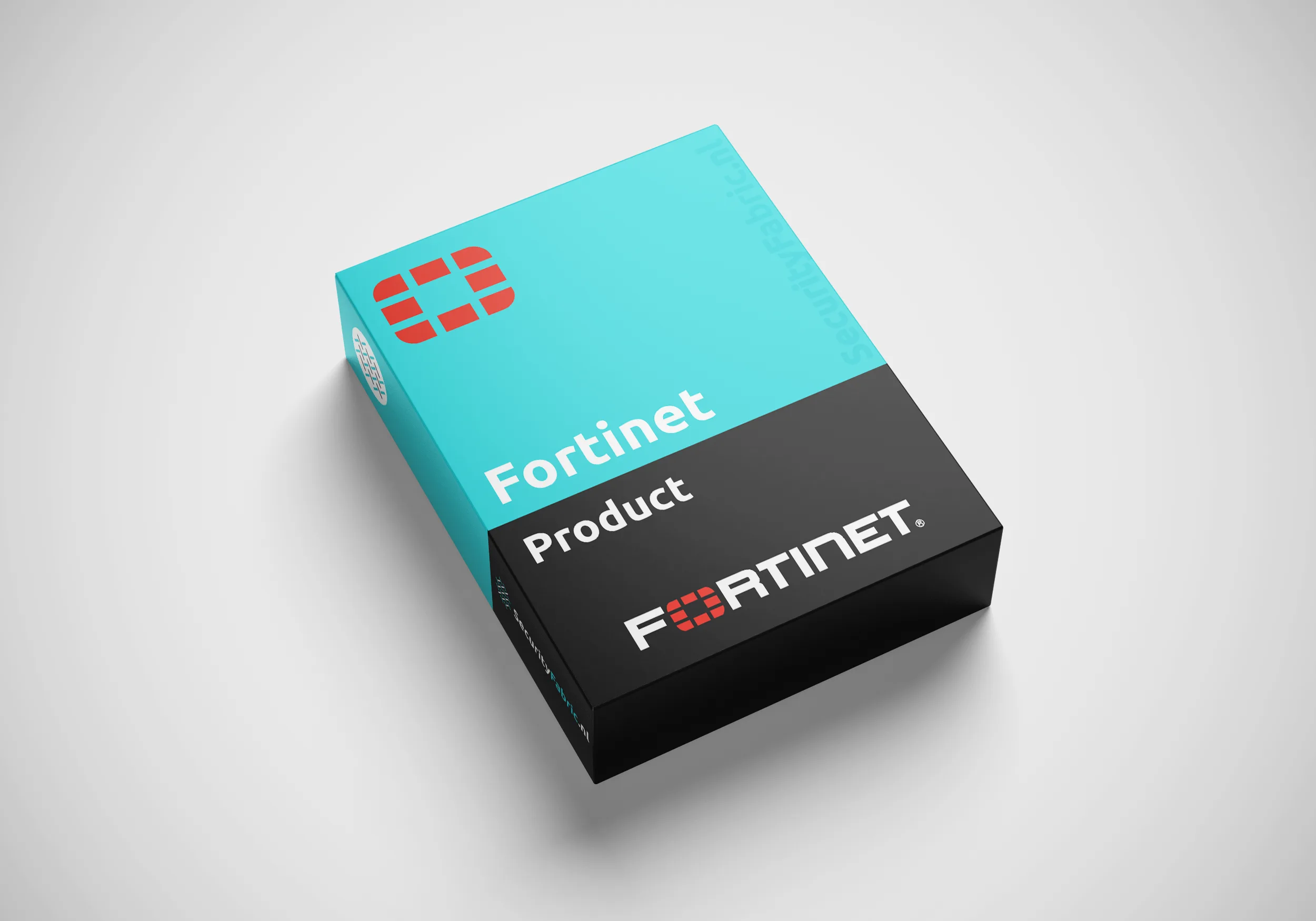 Een doos van Fortinet met het opschrift “Fortinet Product”, uitgevoerd in blauw en zwart en voorzien van een productnummer.