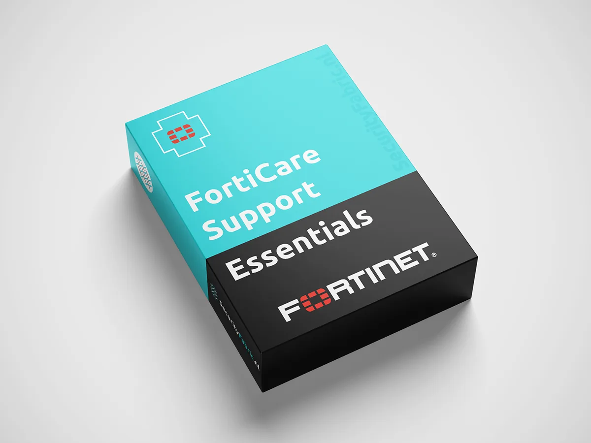 Een doos van Fortinet met het opschrift “Fortinet FortiCare Essentials”, uitgevoerd in blauw en zwart en voorzien van een productnummer.