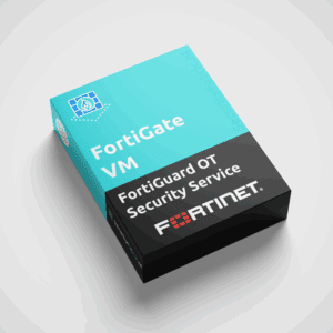 Een doos van Fortinet met het opschrift “FortiGate VM FortiGuard OT Security Service”, uitgevoerd in blauw en zwart en voorzien van een productnummer.