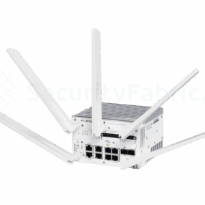 een witte Fortinet FortiGateRugged 50G 5G met meerdere ethernet aansluitingen en din rail montage