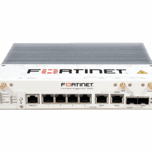 een witte Fortinet FortiGateRugged 60F met meerdere ethernet aansluitingen en din rail montage