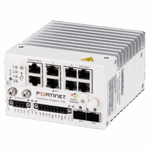 een witte Fortinet FortiGateRugged 70F met meerdere ethernet aansluitingen en din rail montage