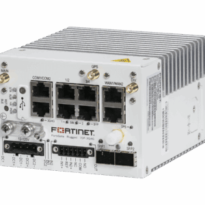 een witte Fortinet FortiGateRugged 70F 3G4G met meerdere ethernet aansluitingen en din rail montage